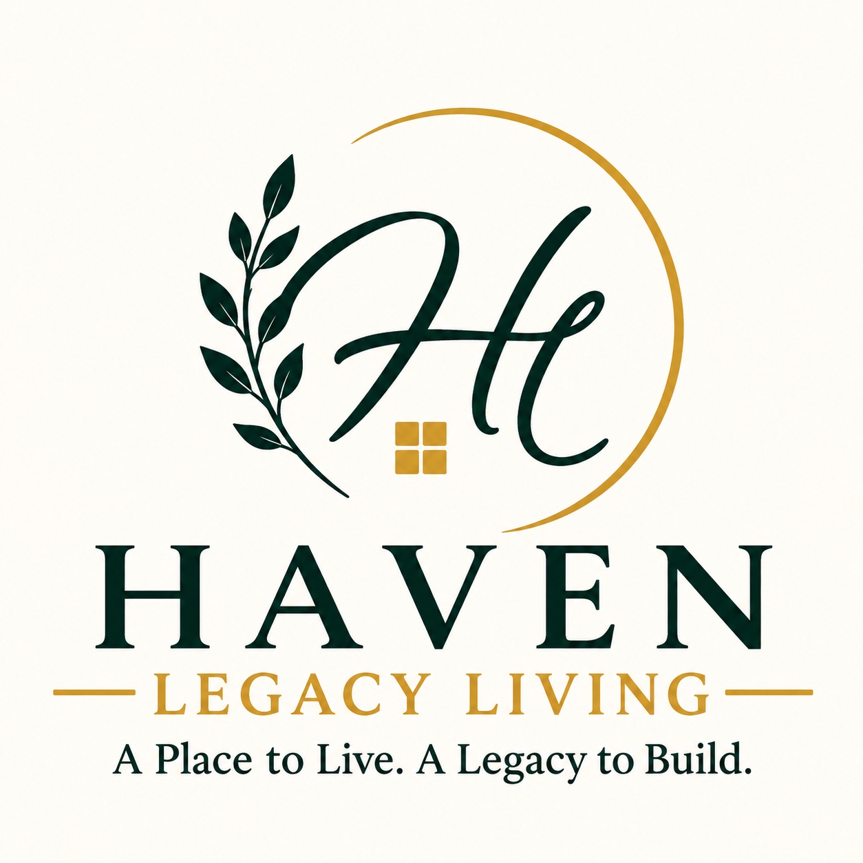 Haven Legacy Living logo with a green monogram, leafy branch, and gold circle