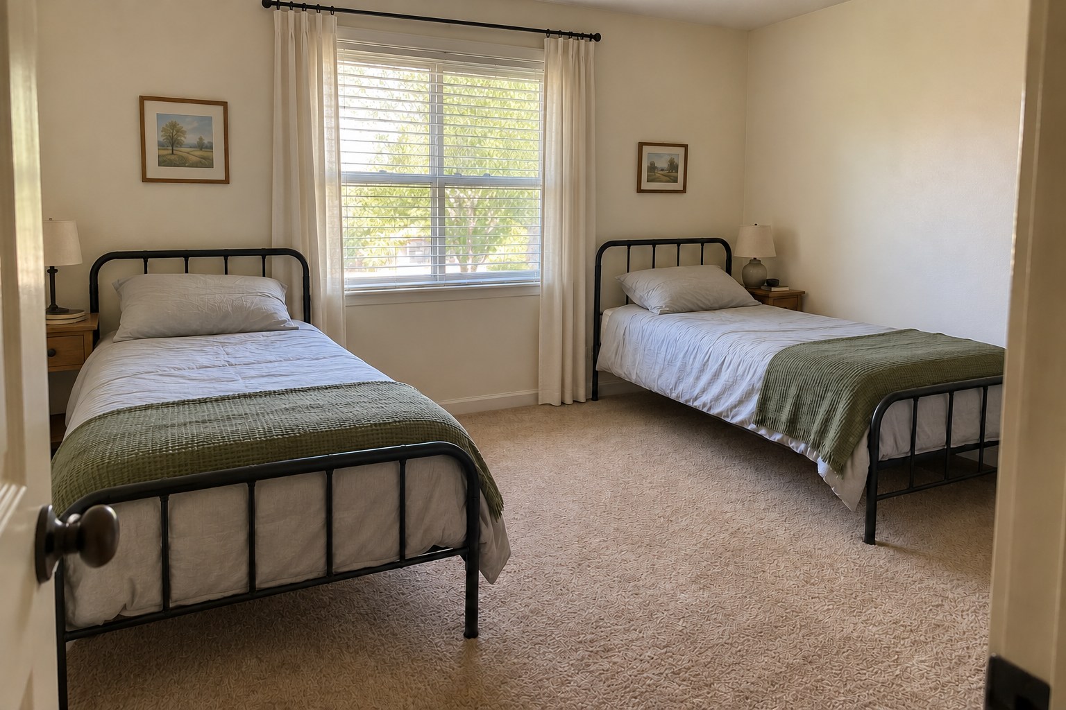 Illustrative shared adult bedroom with two separate twin beds, simple metal bed frames, light bedding, green blankets, and ivory curtains